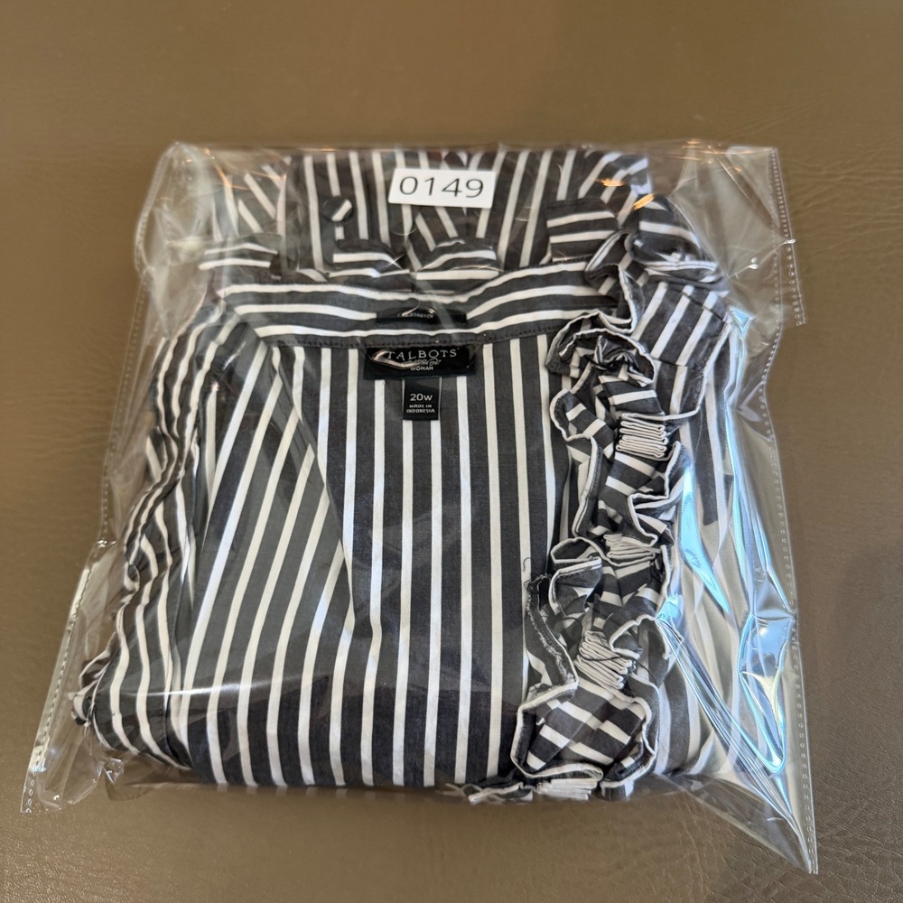 Talbots Cotton Striped Ruffle Neck Button Down Shirt Gray Career Office Work 20W - Picture 10 of 11